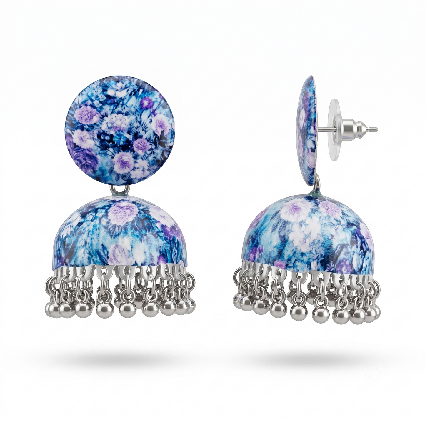 Silver Toned Brass Blue Floral Print Jhumka Earrings
