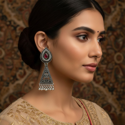 Maroon Stone Triangular Earrings