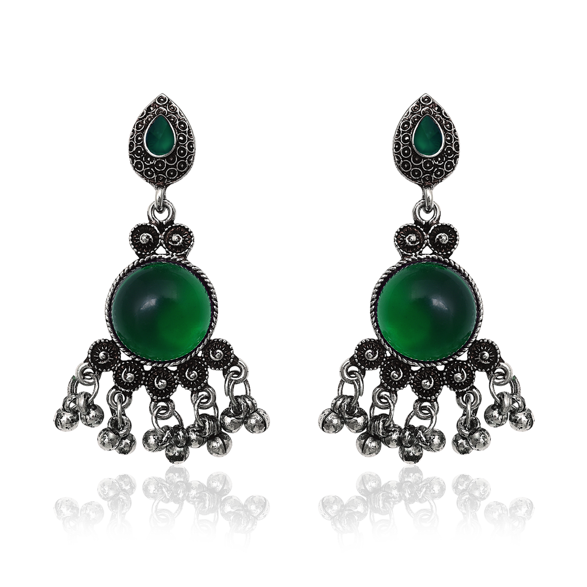 Oxidised Silver Drop Earrings with Green Stone Traditional Boho Jhumka