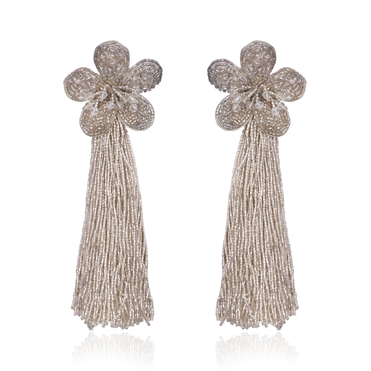 Handcrafted Silver Metallic Seed Bead Flower Tassel Drop Earrings for Women