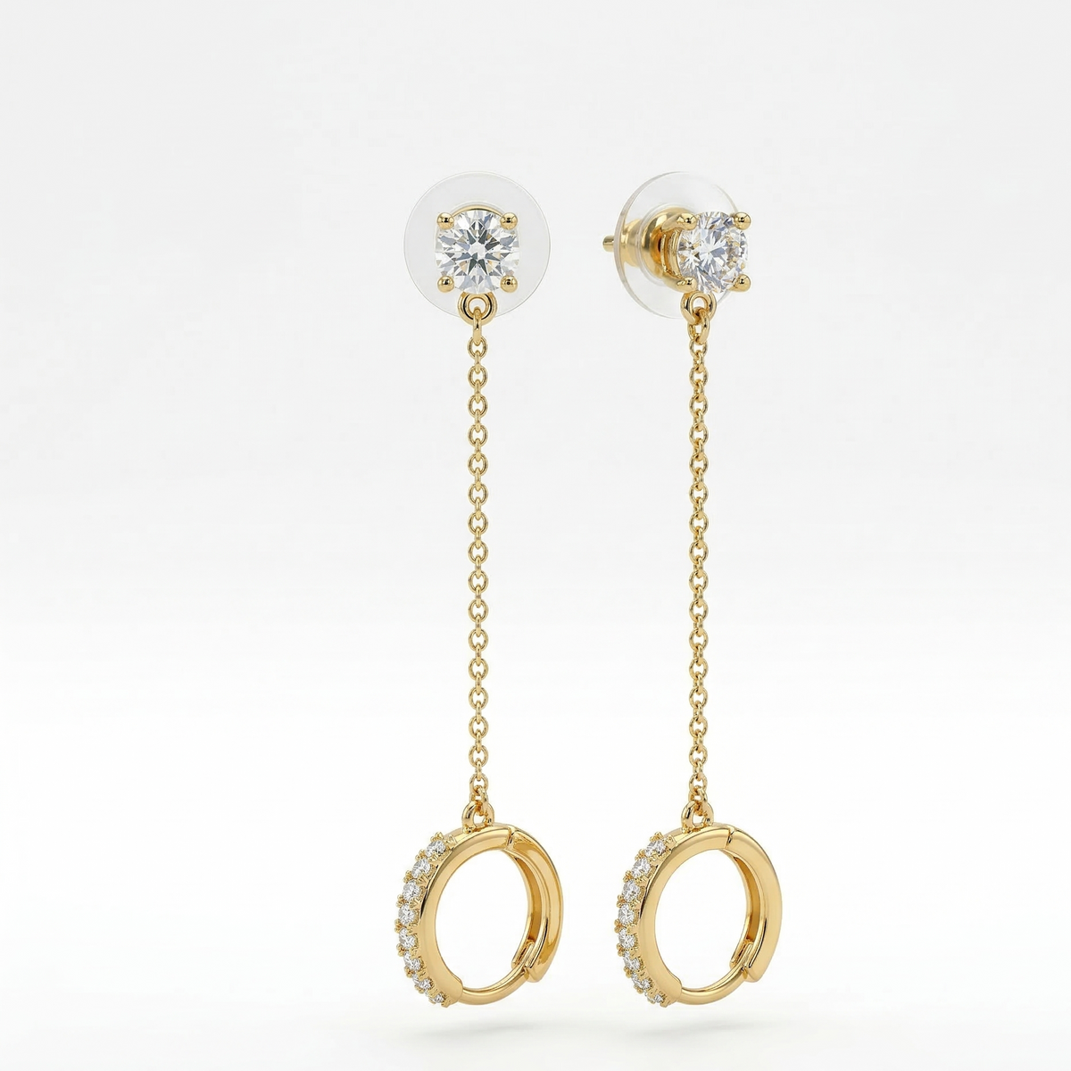 Gold Plated Brass Solitaire Stud Long Chain Drop Huggie Hoop Earrings