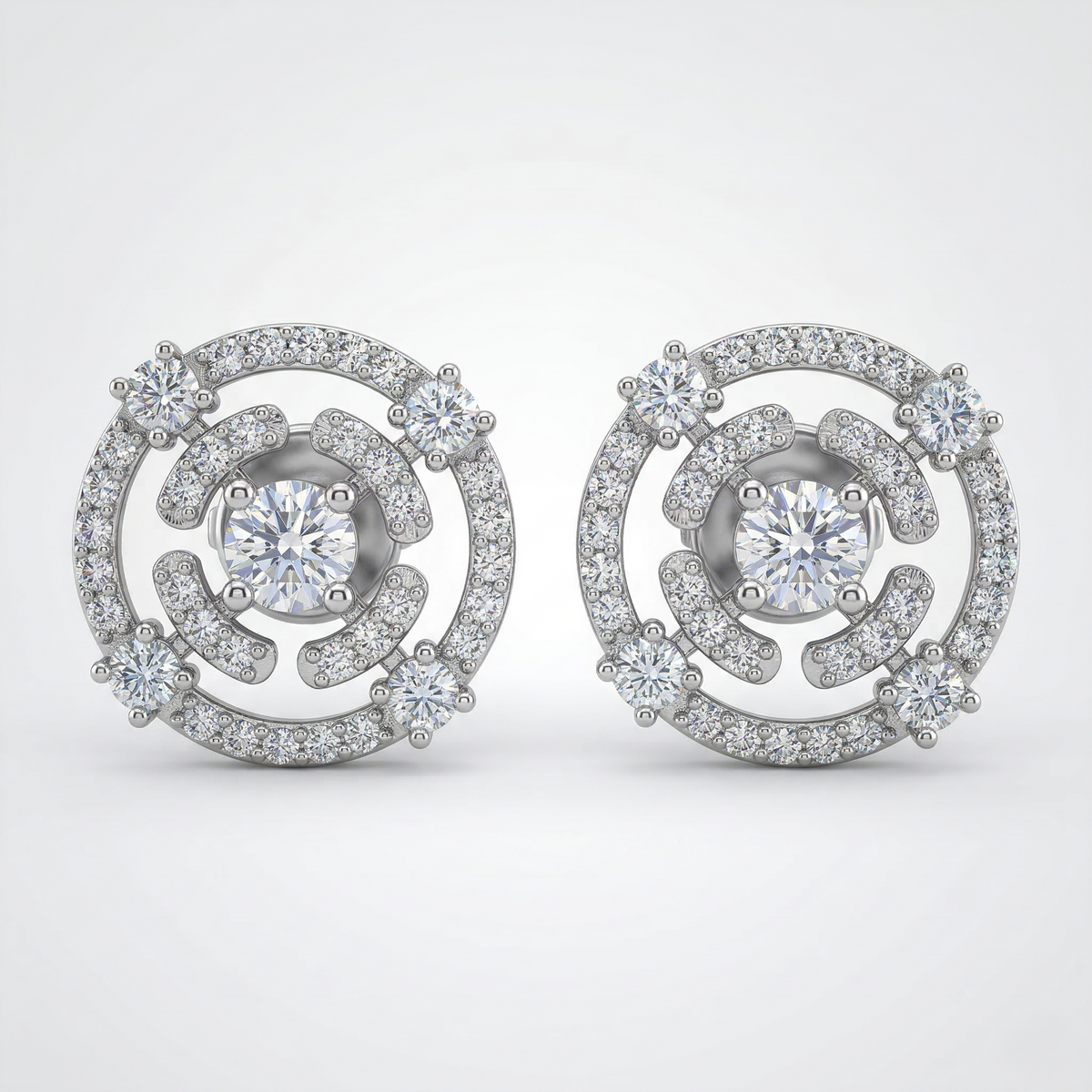 Silver Plated Brass Concentric Open Circle Stud Earrings with Cluster Crystals