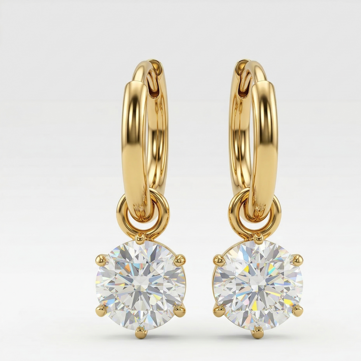 Gold Plated Brass Huggie Hoop Earrings with Solitaire Crystal Drop Charm