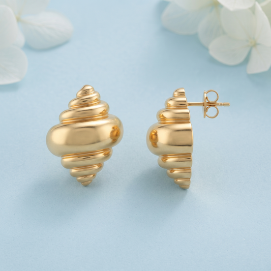 Gold Plated Brass Seashell Spiral Stud Earrings