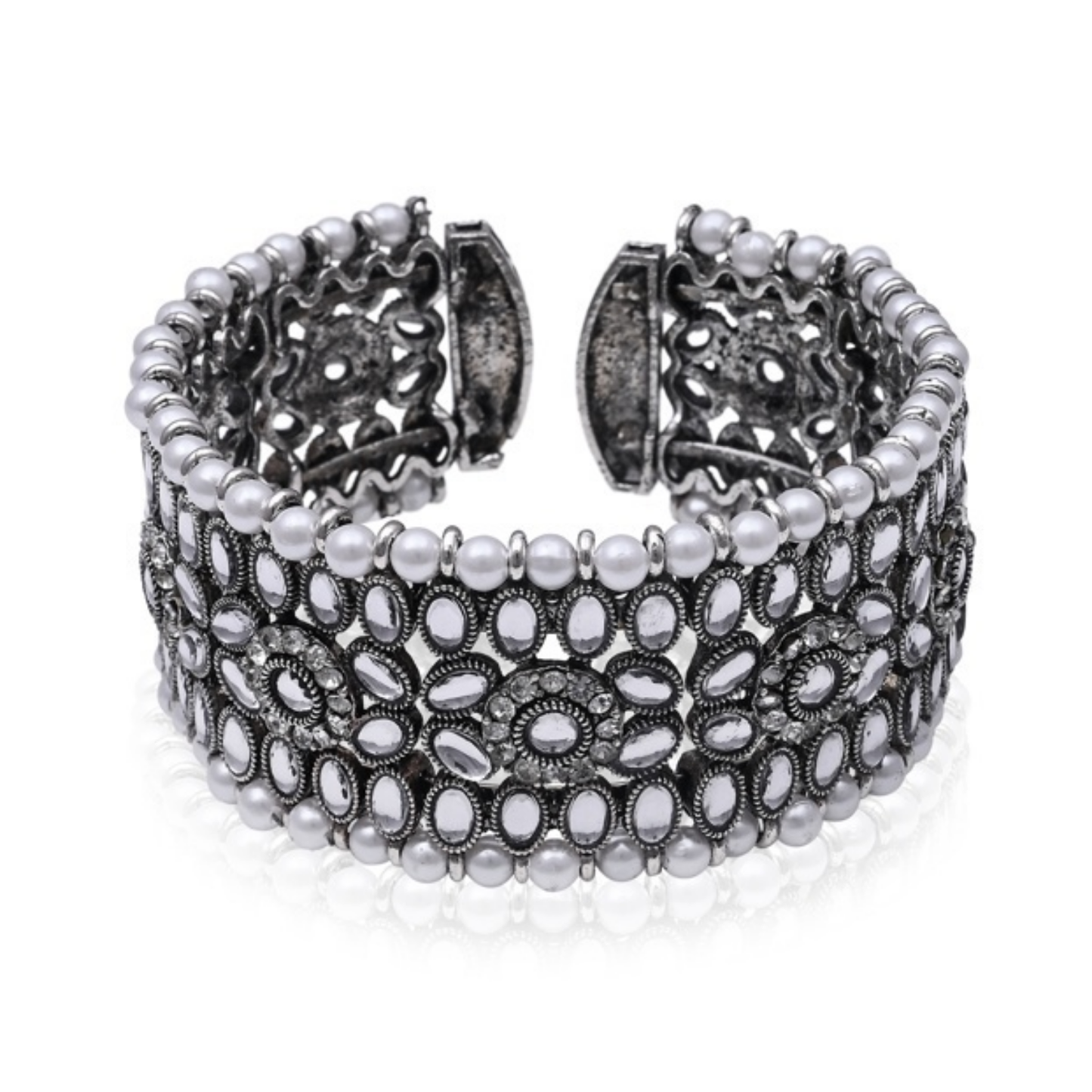 White Stone Pearl Oxidized Cuff Bracelet