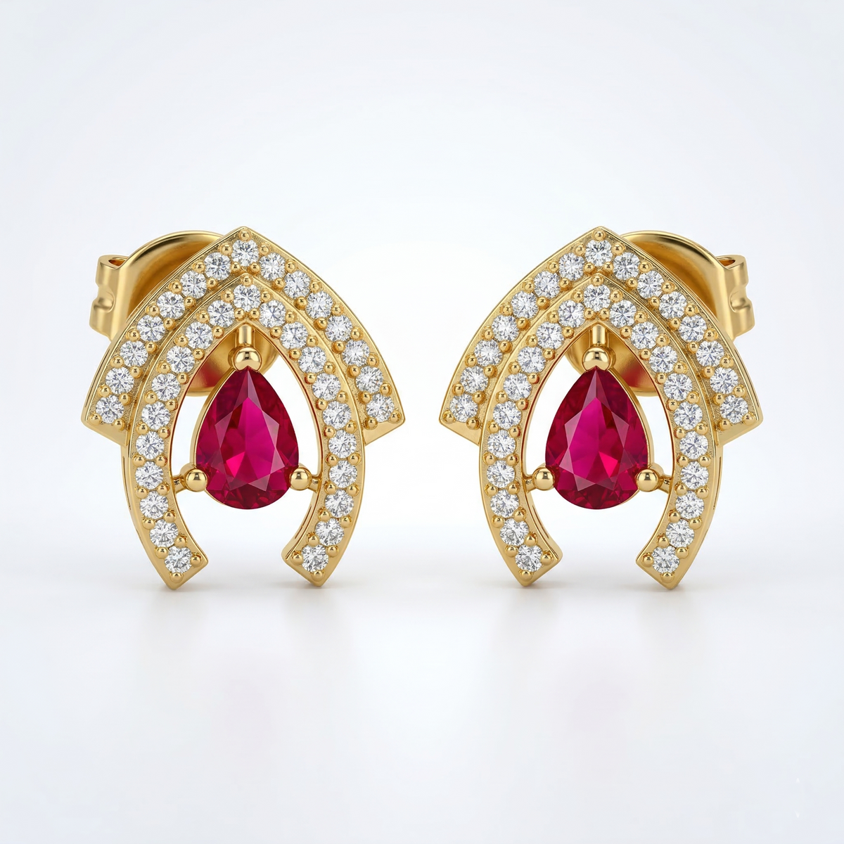Gold Plated Brass Geometric Double Arch Stud Earrings with Ruby Red Teardrop Crystal