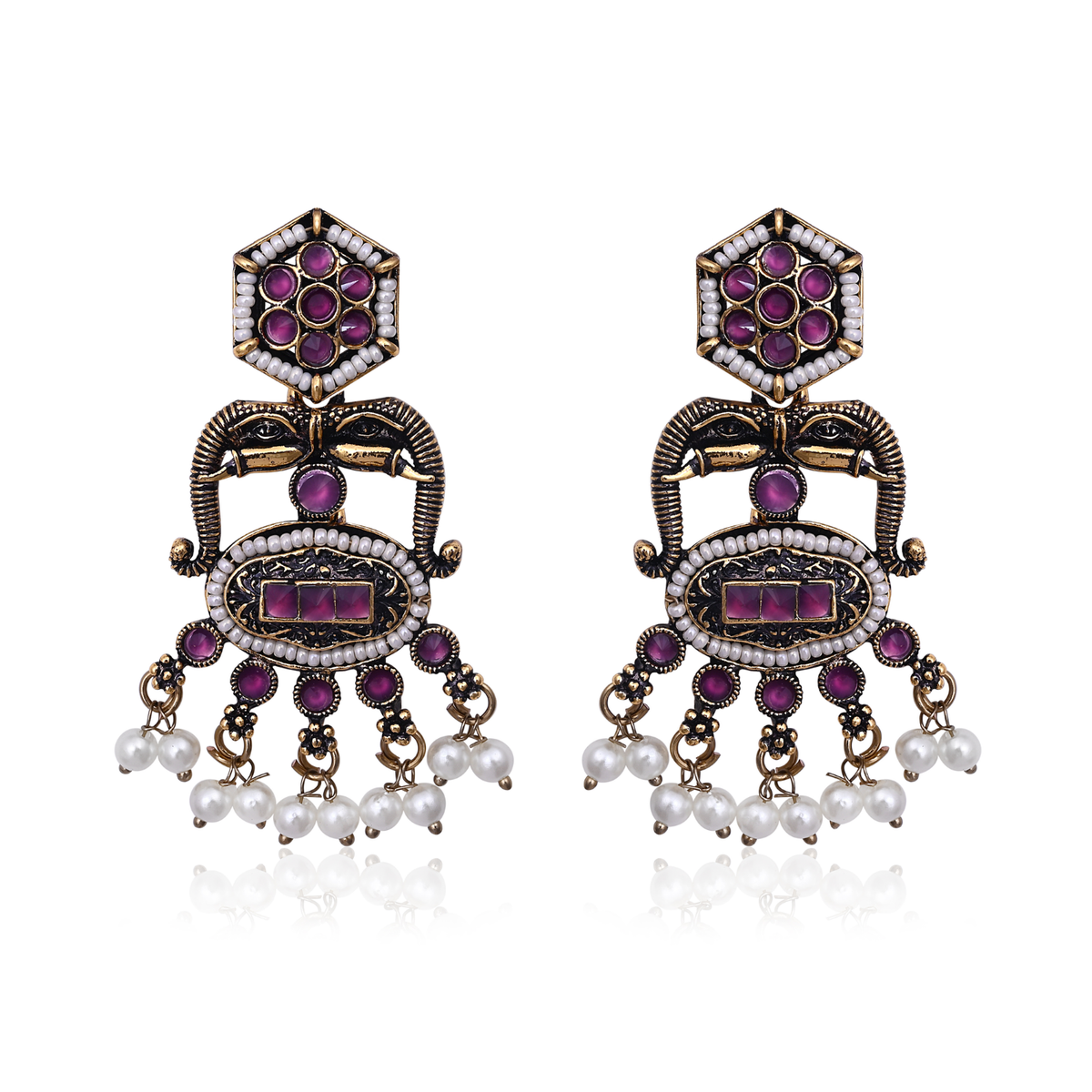Antique Gold Elephant Motif Earrings with Pearls Traditional Temple Drop Jhumka