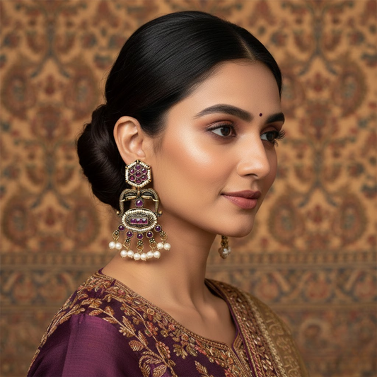 Maroon White Stone Ethnic Earrings