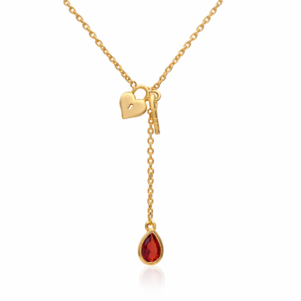 Gold Brass Heart Lock Key & Red Stone Drop Pendant Necklace