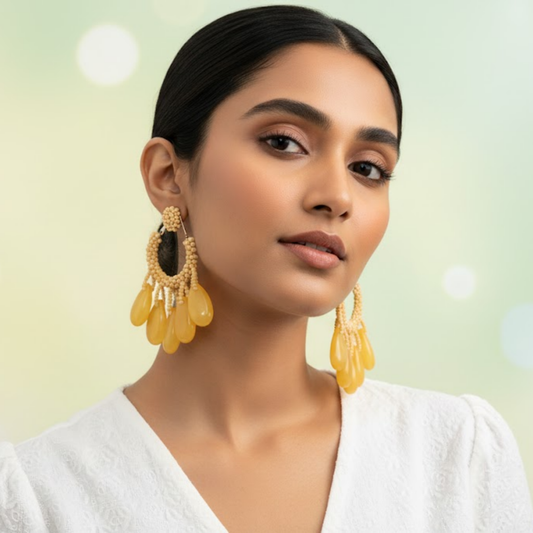 Seed Bead Hoop Earrings Yellow Charm