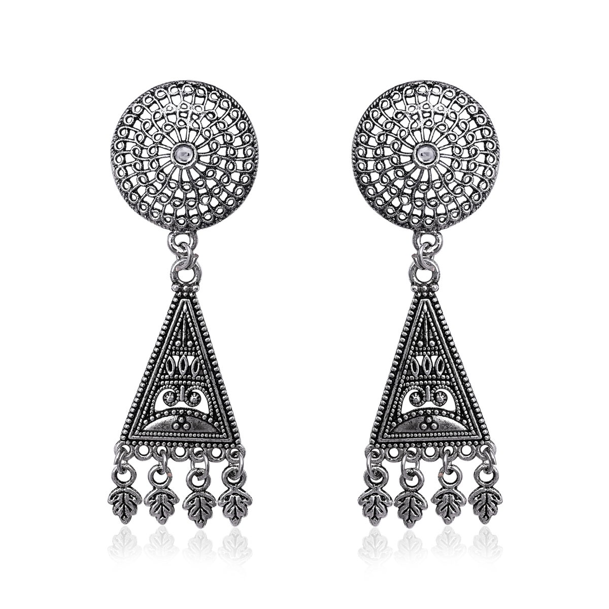 Oxidised Silver Round Filigree Earrings Geometric Triangle Drop Hanging Jhumka