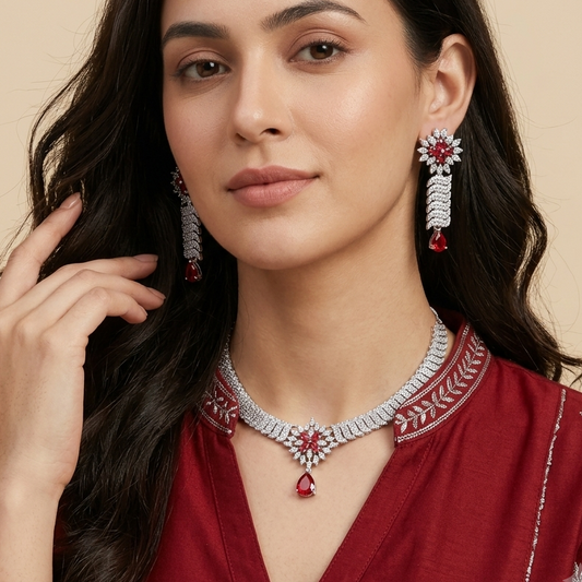 Elegant Silver-Tone Ruby Floral Necklace and Earring Set