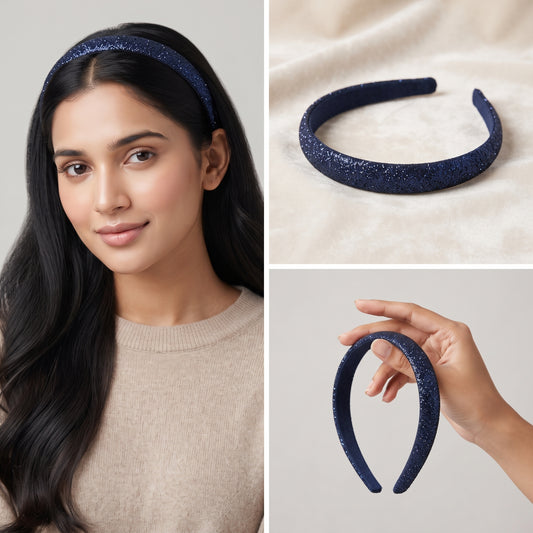 Luxury Navy Blue Shimmer Wide Headband Sparkly Midnight Blue Padded Hairband