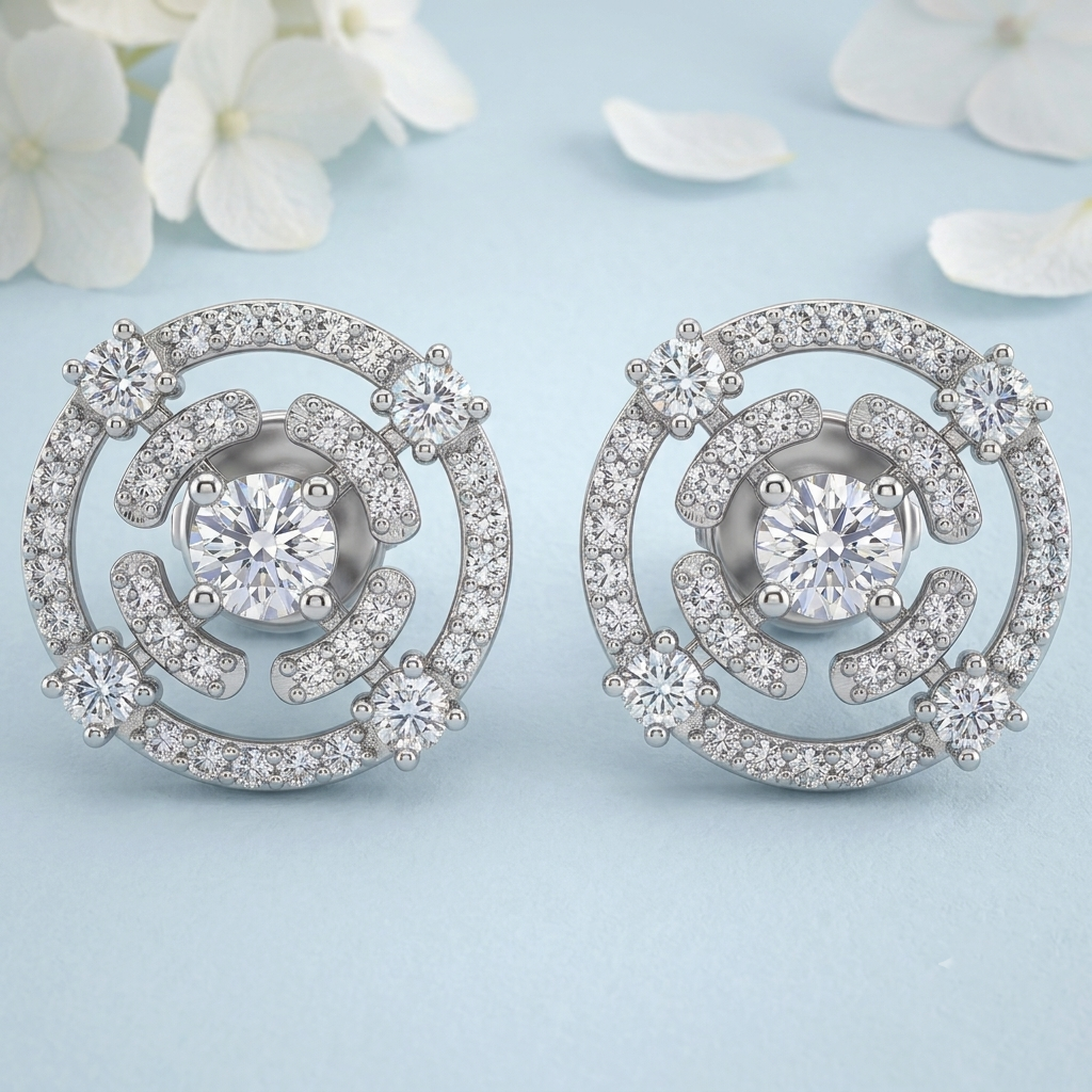 Silver-Tone Circular Stone Stud Earrings
