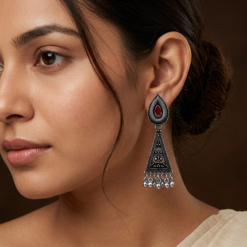 Maroon Stone Triangular Earrings