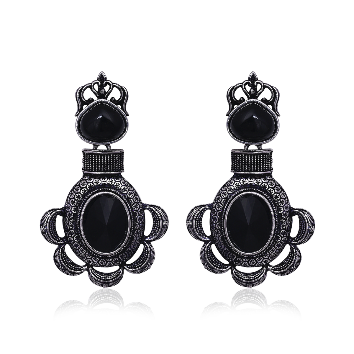 Oxidised Silver Drop Earrings with Black Stone Traditional Boho Crown Motif Hanging Danglers