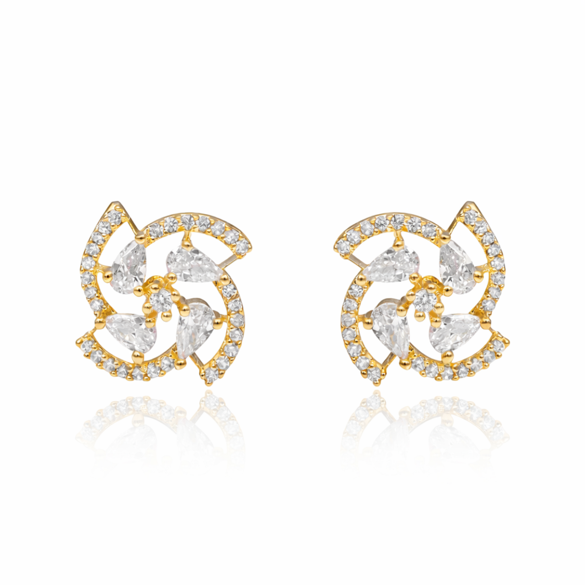 Gold Plated Brass Pinwheel Swirl Stud Earrings with Pear-Cut and Pavé Crystals