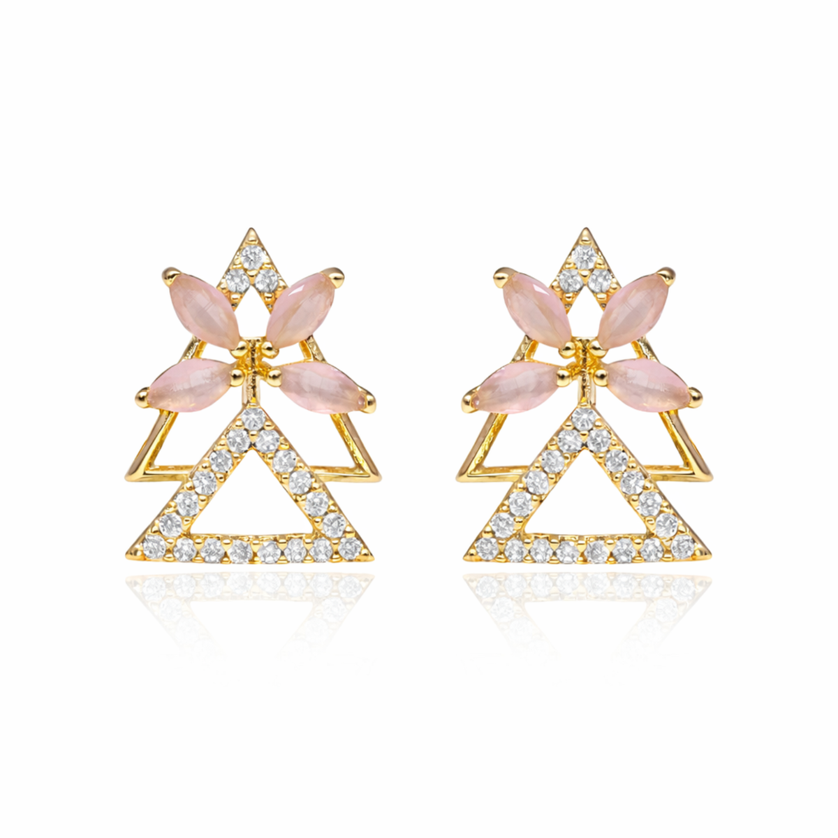 Gold Plated Brass Double Triangle Stud Earrings with Pink Marquise Crystal Flower