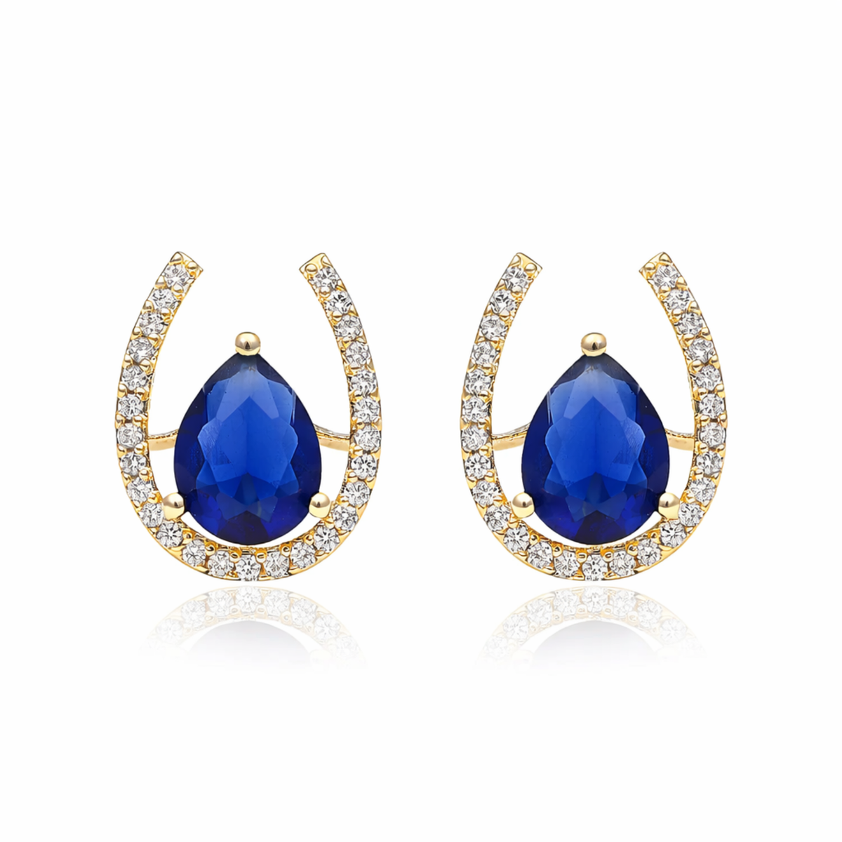 Gold Plated Brass Horseshoe Stud Earrings with Royal Blue Teardrop
