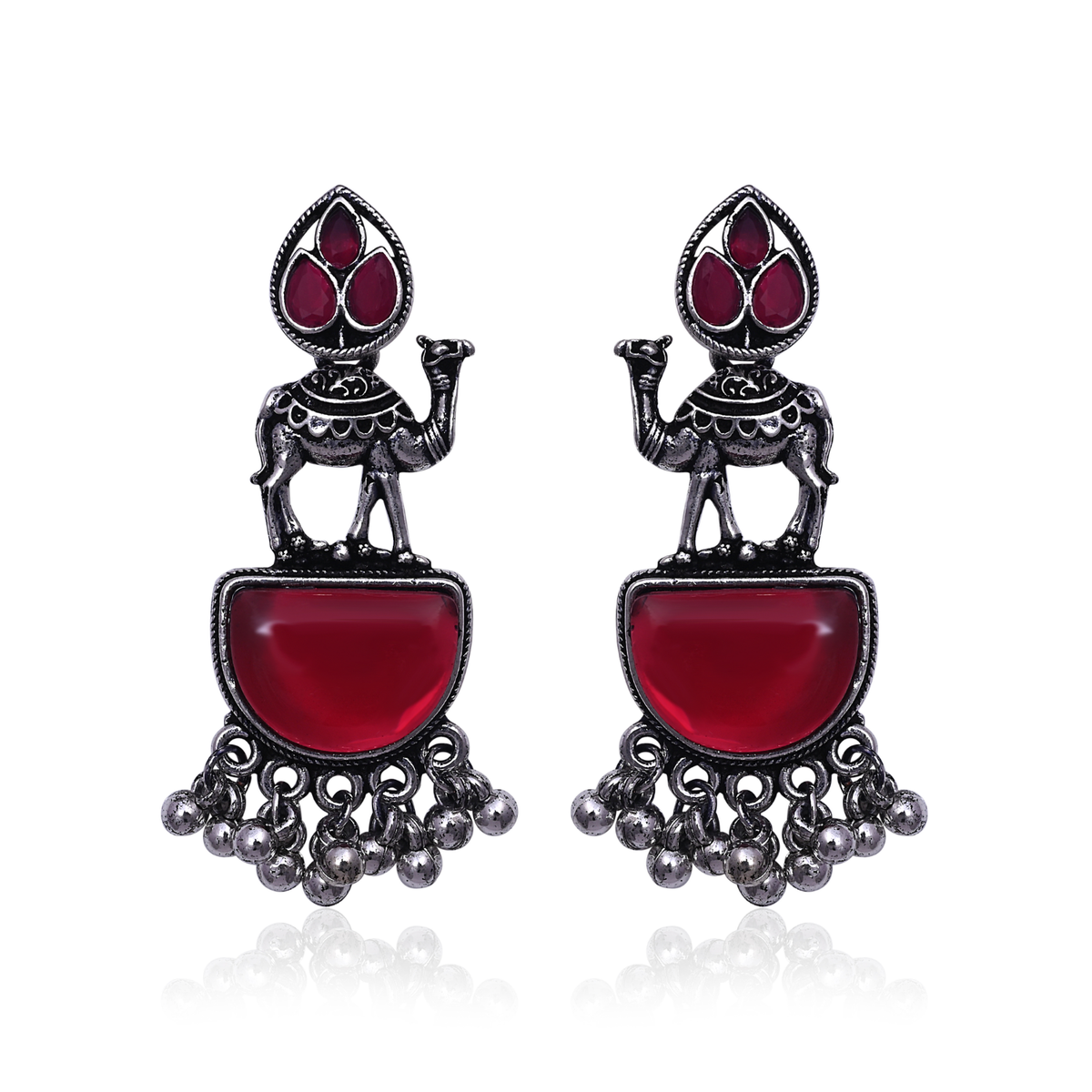 Oxidised Silver Camel Motif Earrings with Red Stone