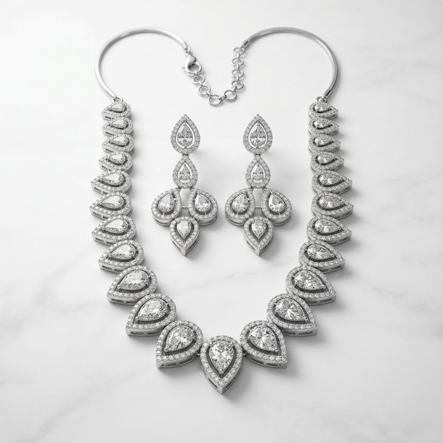 Elegant Silver-Tone Teardrop Stone Necklace Set