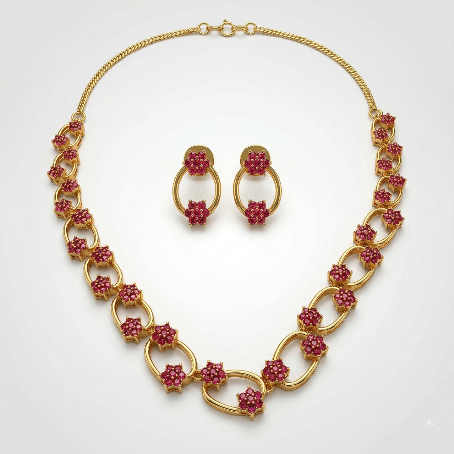 Gold-Tone Oval Link and Floral Ruby Stone Necklace Set