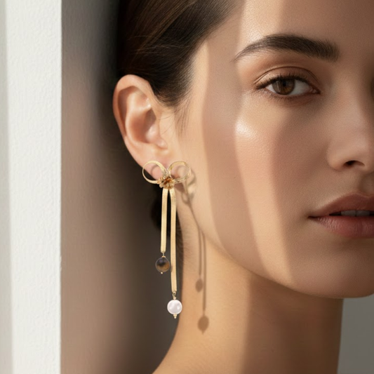 Bow Dangle Earrings With Pearl Stones