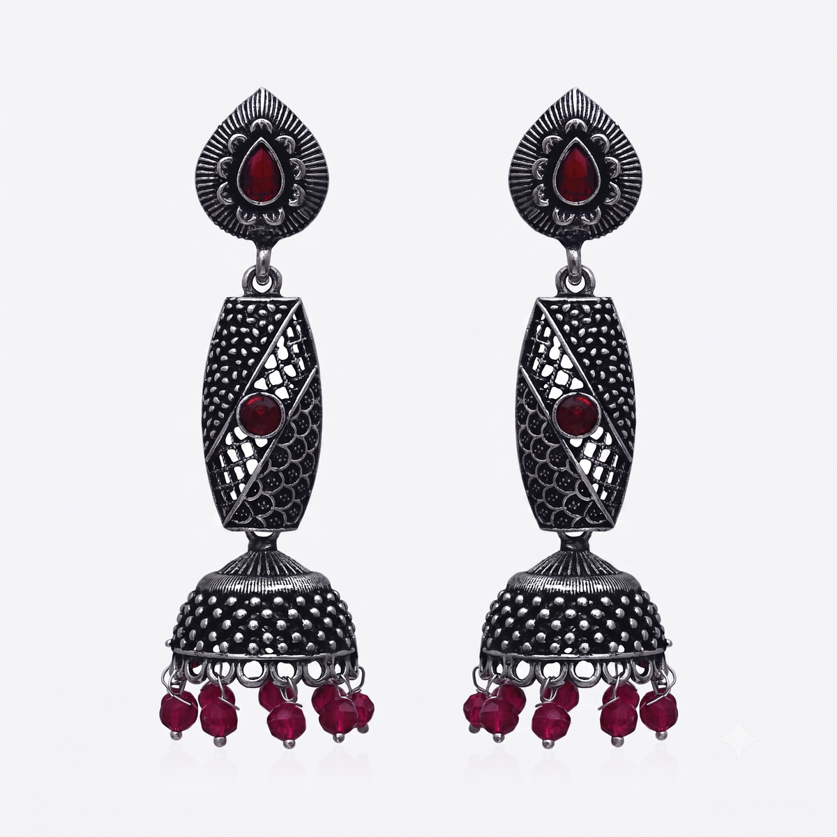 Oxidised Silver long Jhumka Earrings with Red Stones