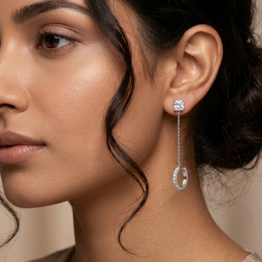 Silver-Tone Solitaire Stud and Hoop Long Drop Earrings