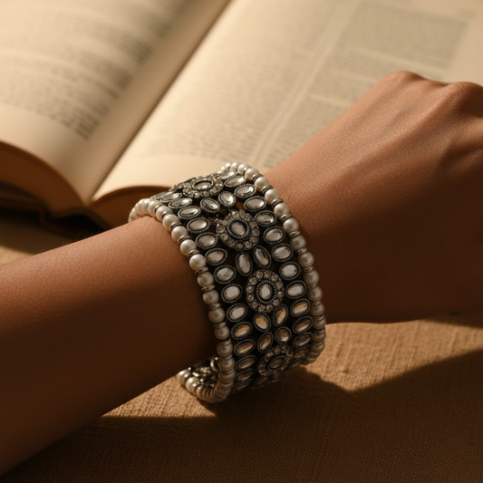 White Stone Pearl Oxidized Cuff Bracelet