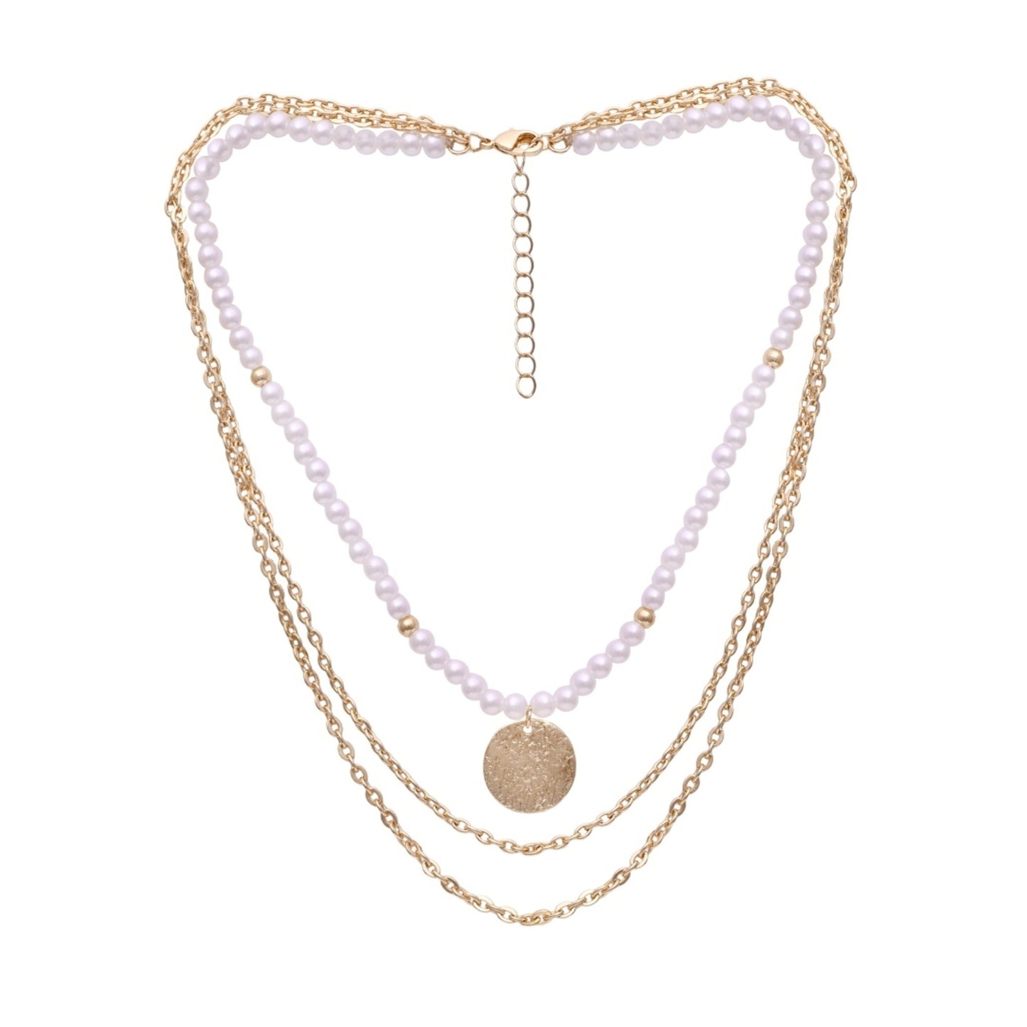 Triple Layered Pearl And Textured Coin Necklace