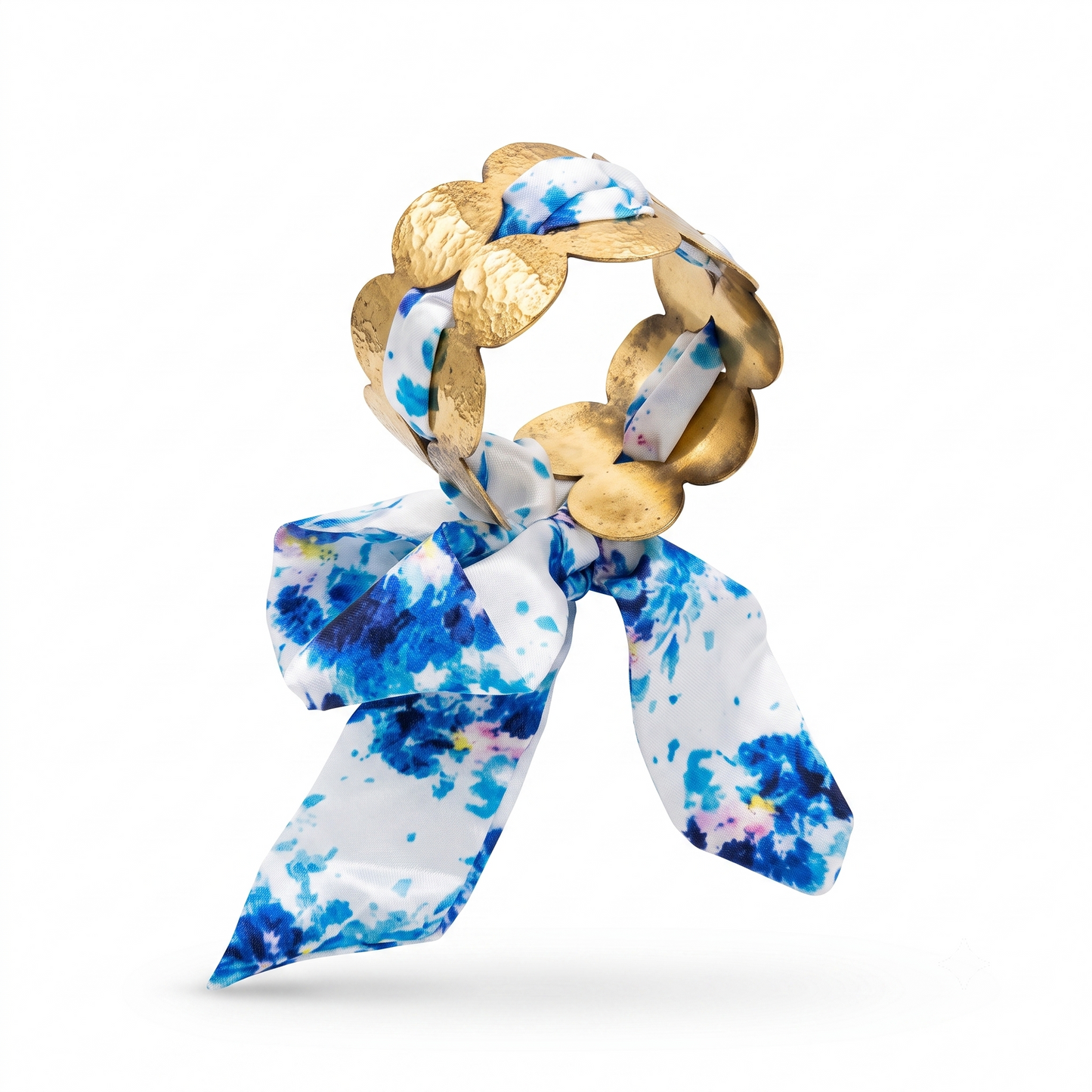 Gold Toned Brass Scrunchie Bangle With Blue Floral Scarf Tie