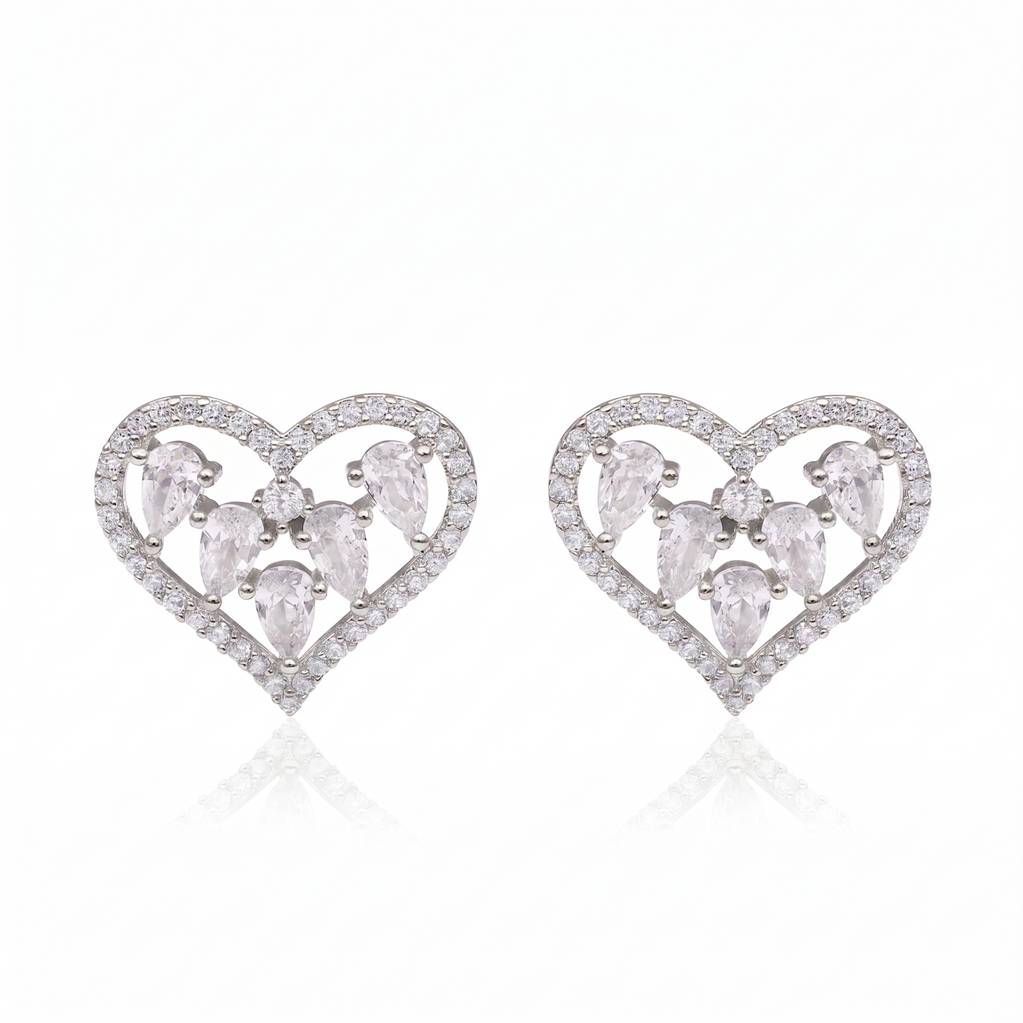 Silver-Tone Heart Shaped Stone Stud Earrings