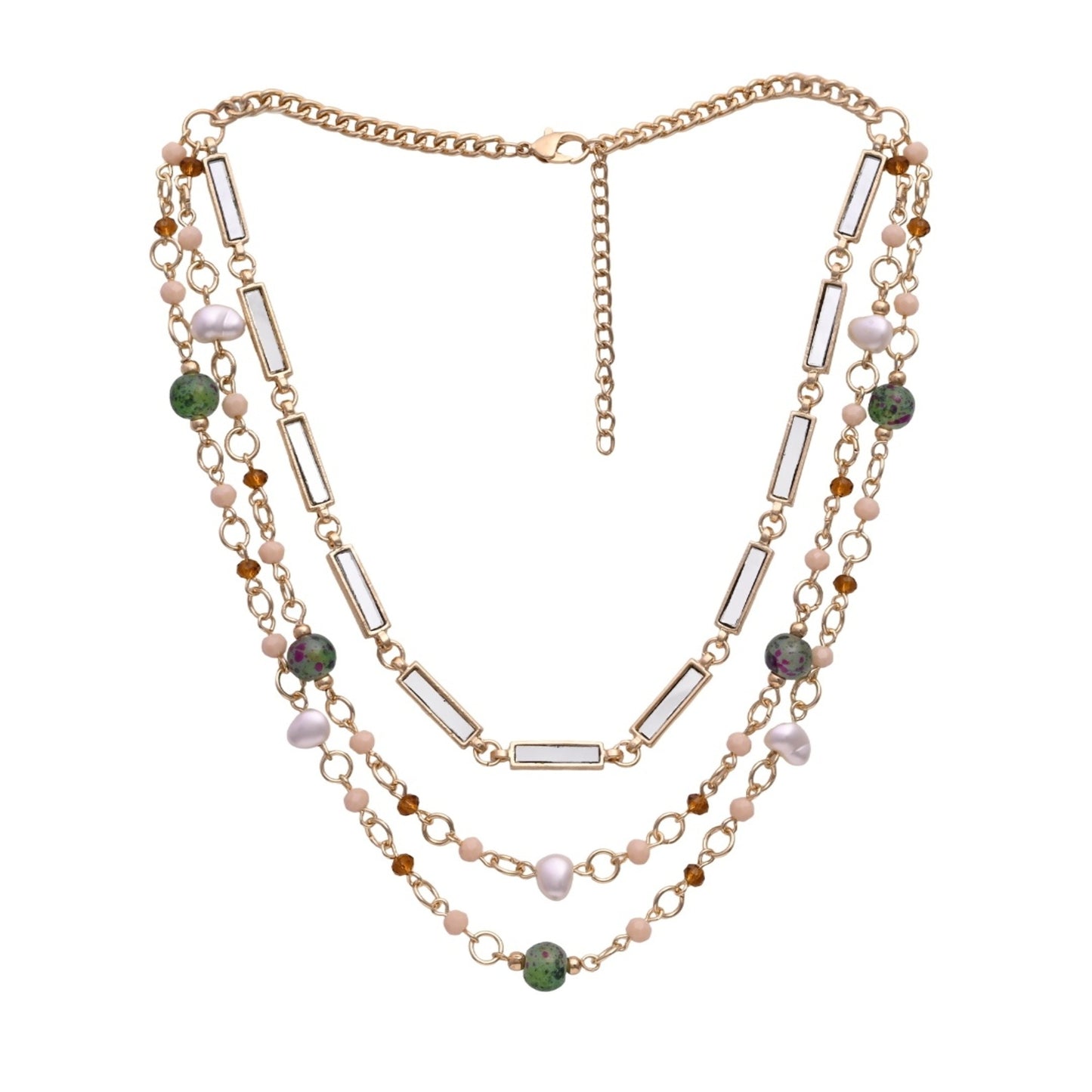 Gold Triple-Layered Pearl & Stone Necklace