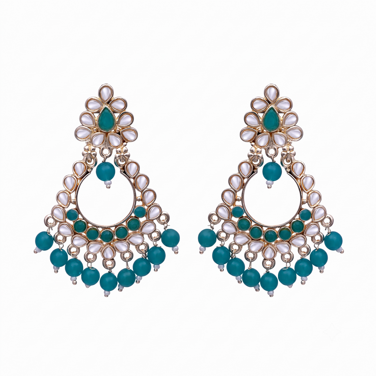 Gold Plated Traditional Wedding Kundan Chandbali Earrings with Teal Beads