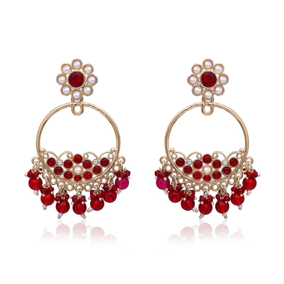 Gold-Plated Red Crystal & Pearl Chandbali Earrings for Women