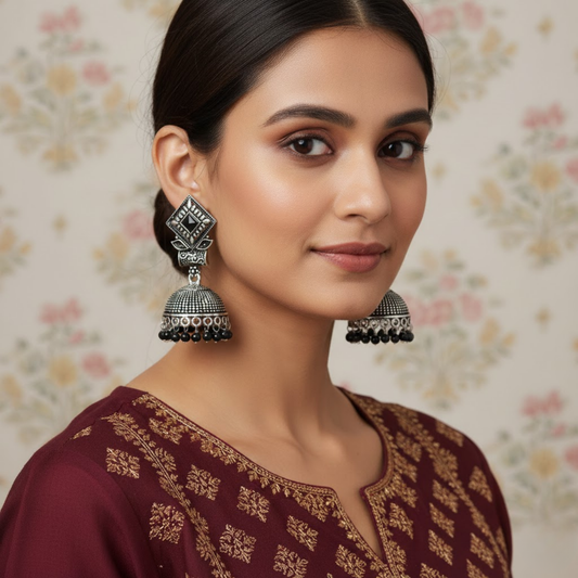 Black Stone Accent Jhumka Earrings