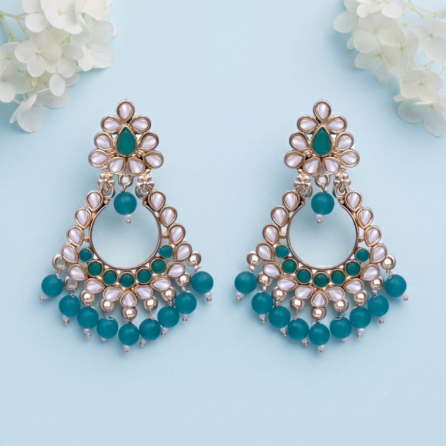 Teal White Stone Chandbali Earrings