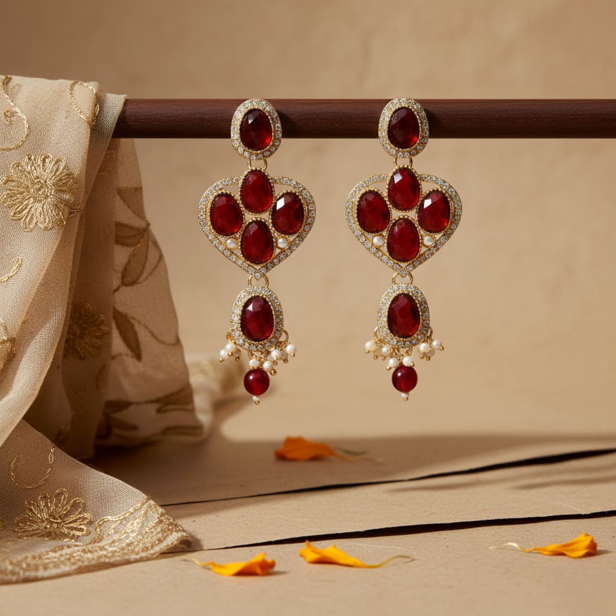 Gold Plated Traditional Kundan Chandelier Earrings with Red Stones