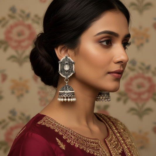 White Stone Pearl Jhumka Earrings
