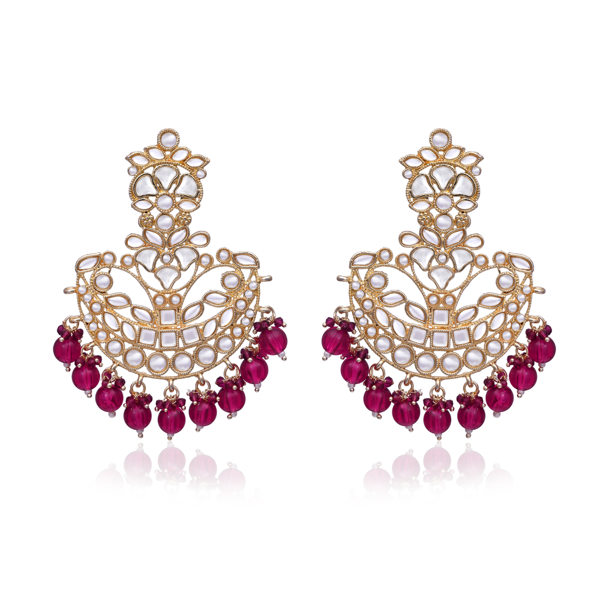 Gold Plated Traditional Kundan Chandbali Earrings with Pink Beads