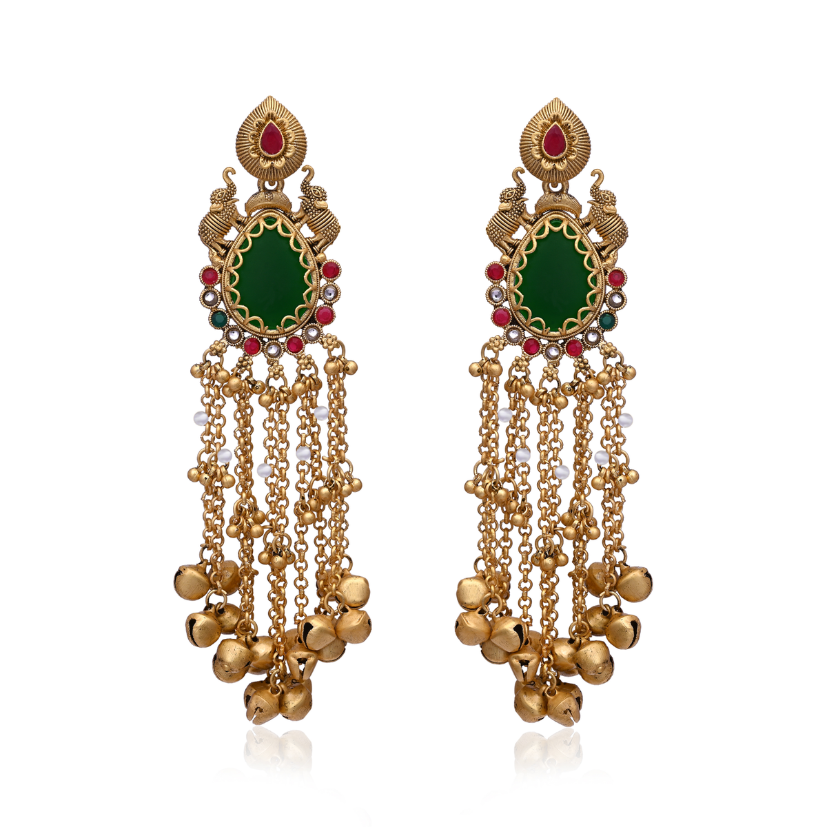 Gold Brass Green Stone Elephant Tassel Earrings