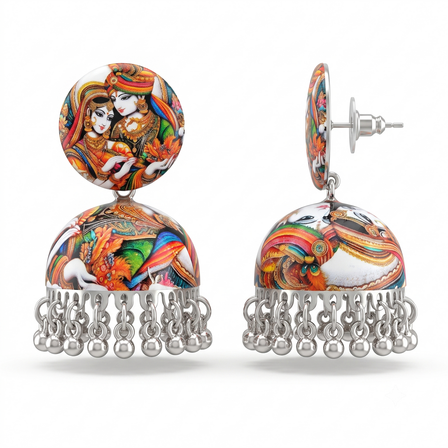 Silver Toned Brass Radha Krishna Print Jhumka Earrings