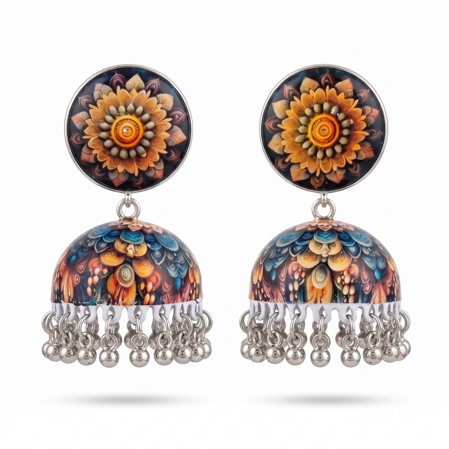 Silver Toned Brass Floral Mandala Print Jhumka Earrings