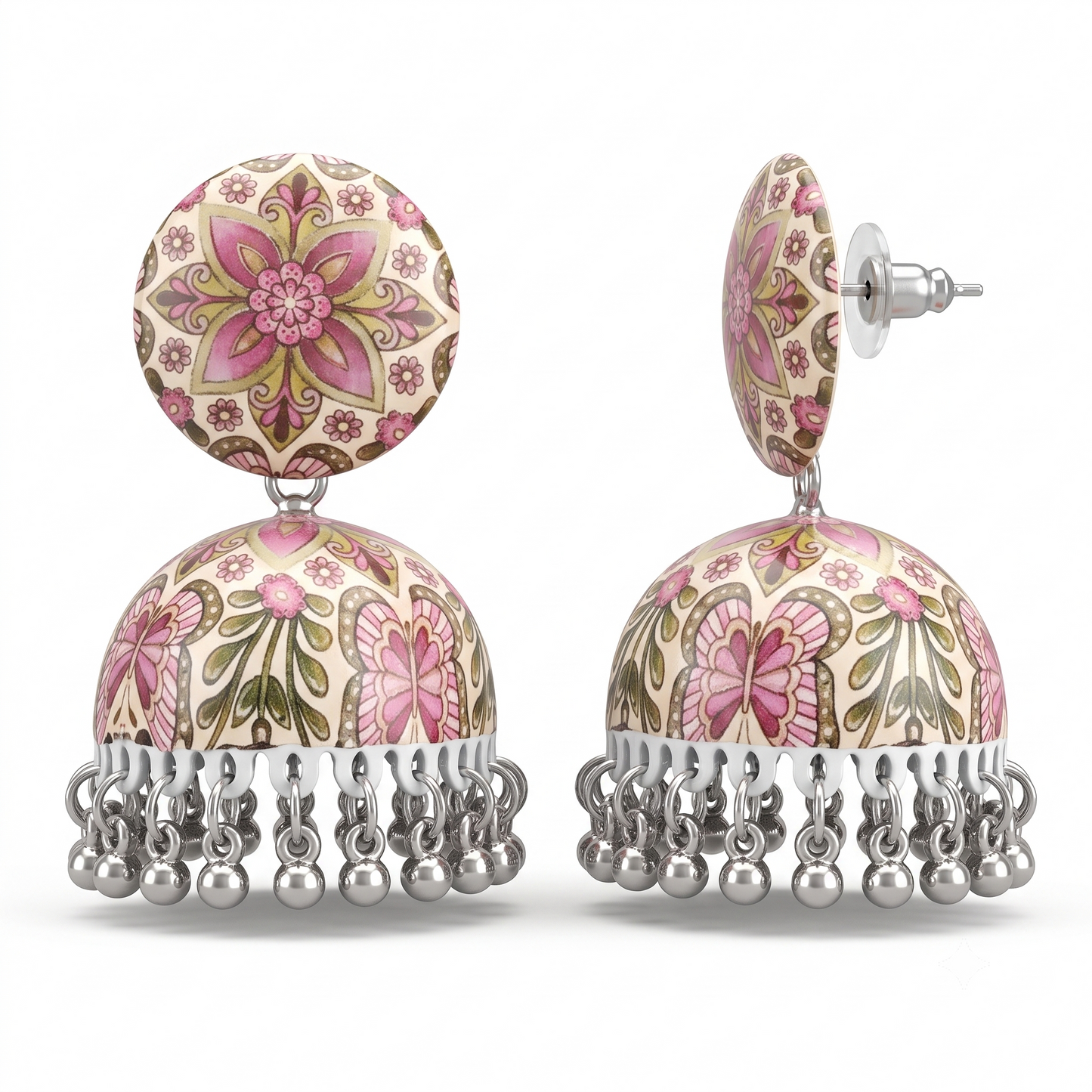 Silver Toned Brass Pink Floral Mandala Print Jhumka Earrings