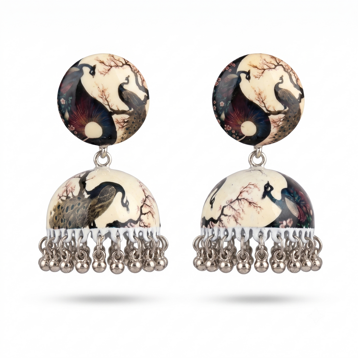 Peacock Yin Yang Print Jhumka Earrings for Women Silver Ghungroo Balis