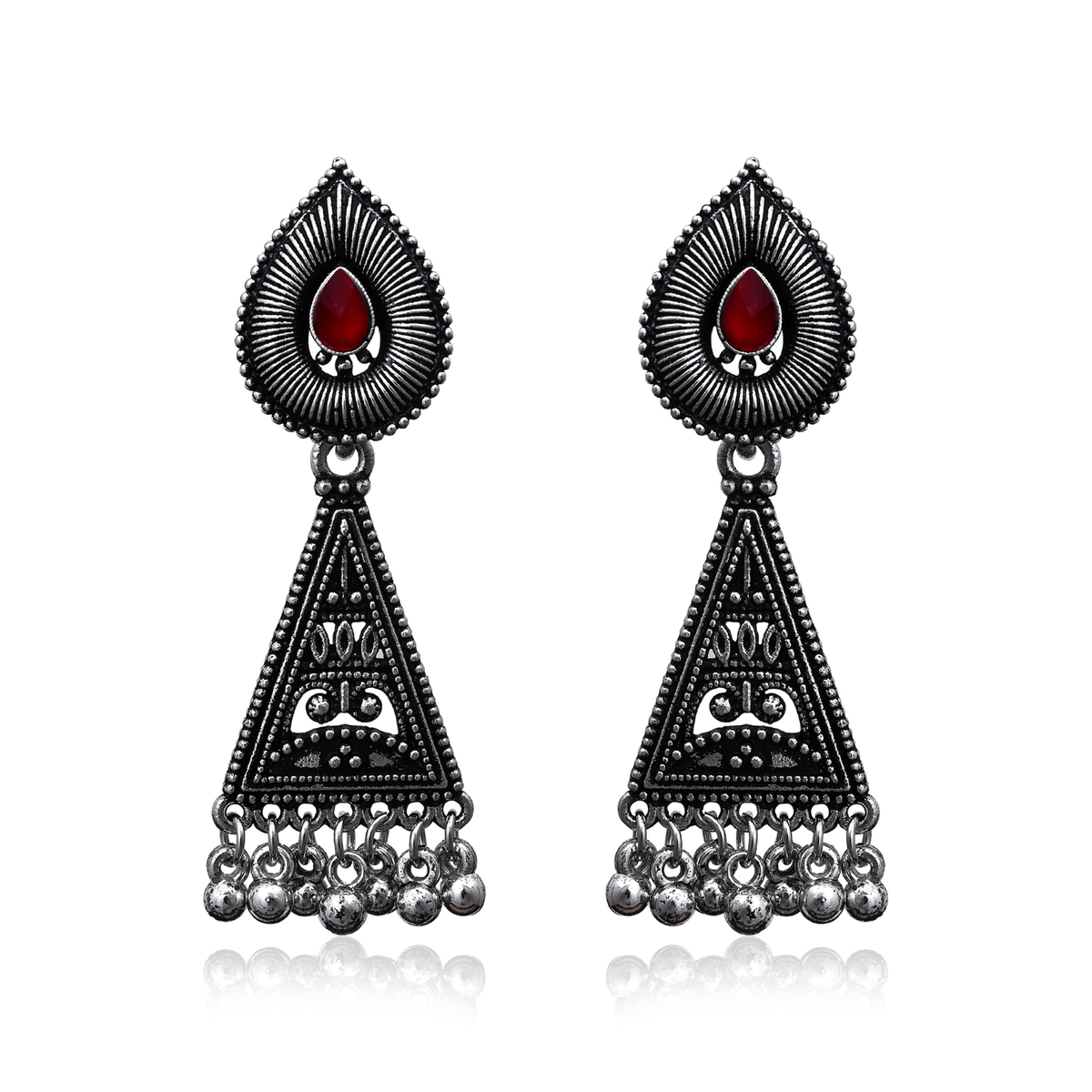 Oxidised Silver Triangle Drop Earrings with Red Stone Traditional Boho Jhumka for Women