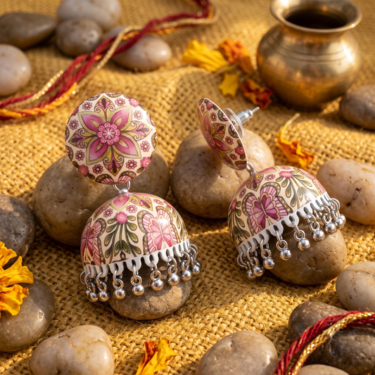 Pink Butterfly and Floral Print Jhumka Earrings for Women Silver Ghungroo Balis