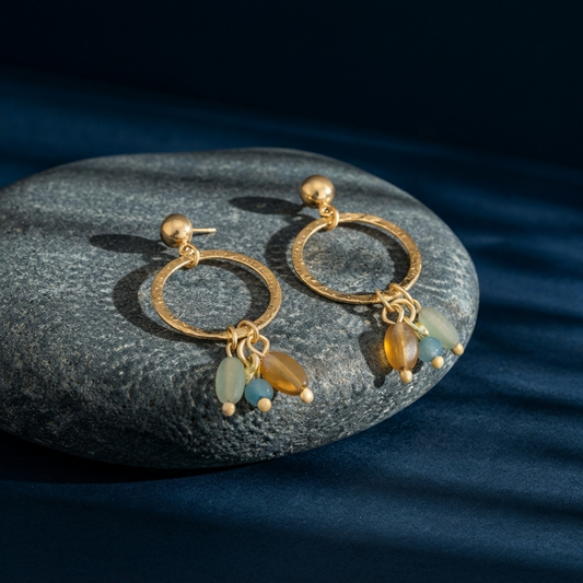 Gold Plated Hammered Hoop Earrings with Multicolor Pebble Charms for Women