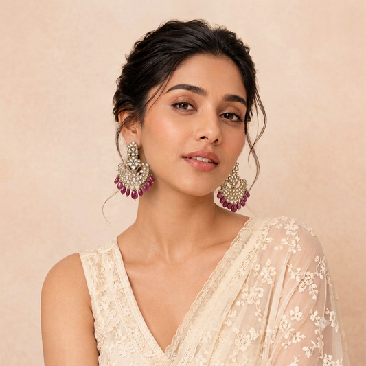 Gold Plated Traditional Kundan Chandbali Earrings with Pink Beads